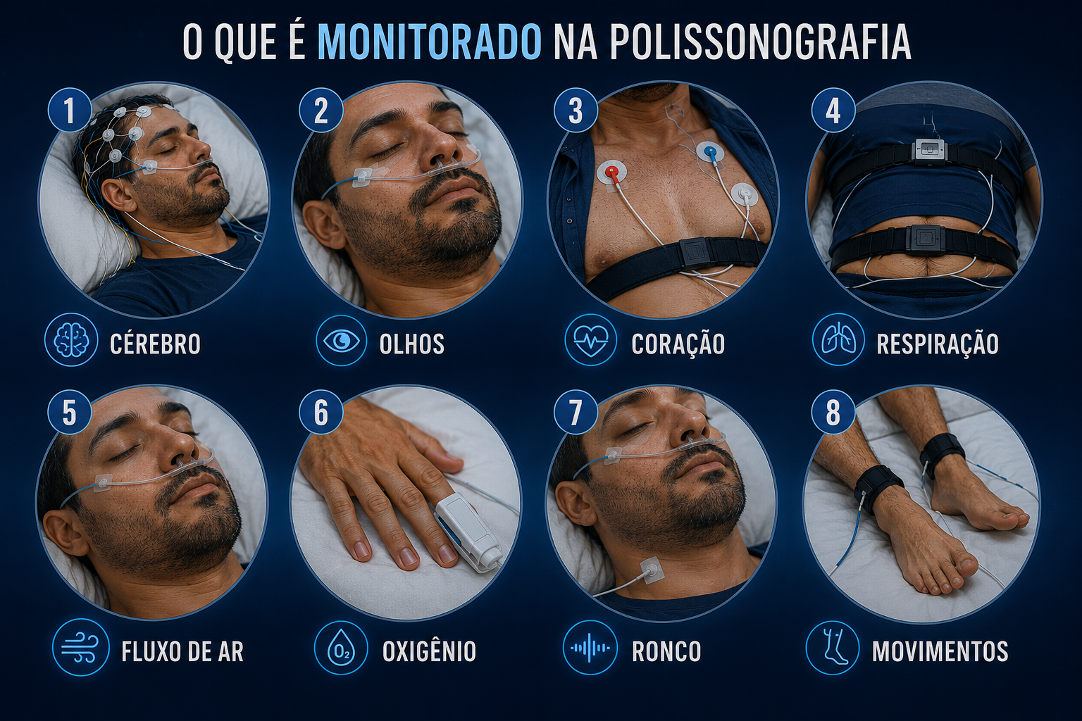 Sensores usados na polissonografia para monitorar o corpo durante o sono