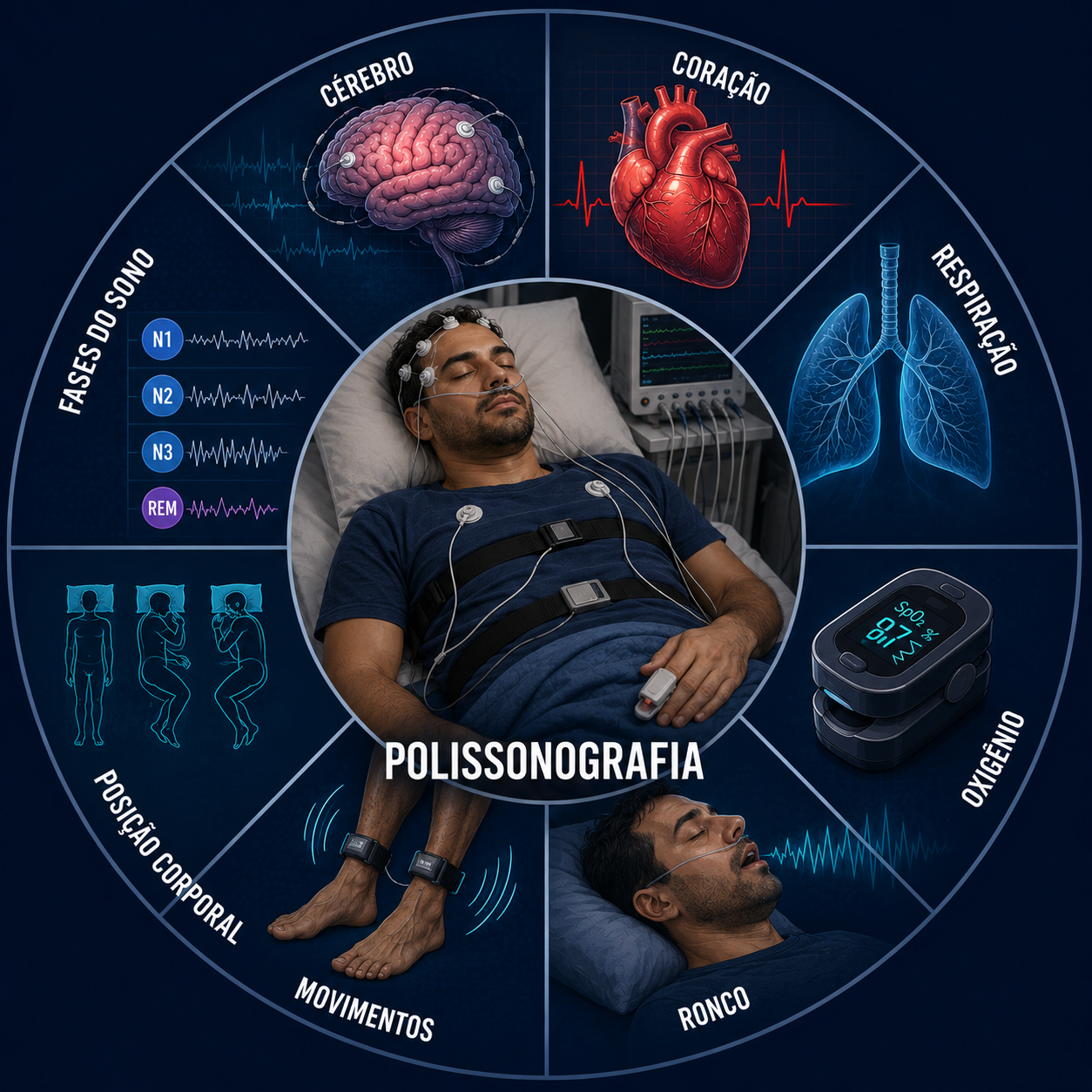 O que a polissonografia monitora: cérebro, coração, respiração e fases do sono