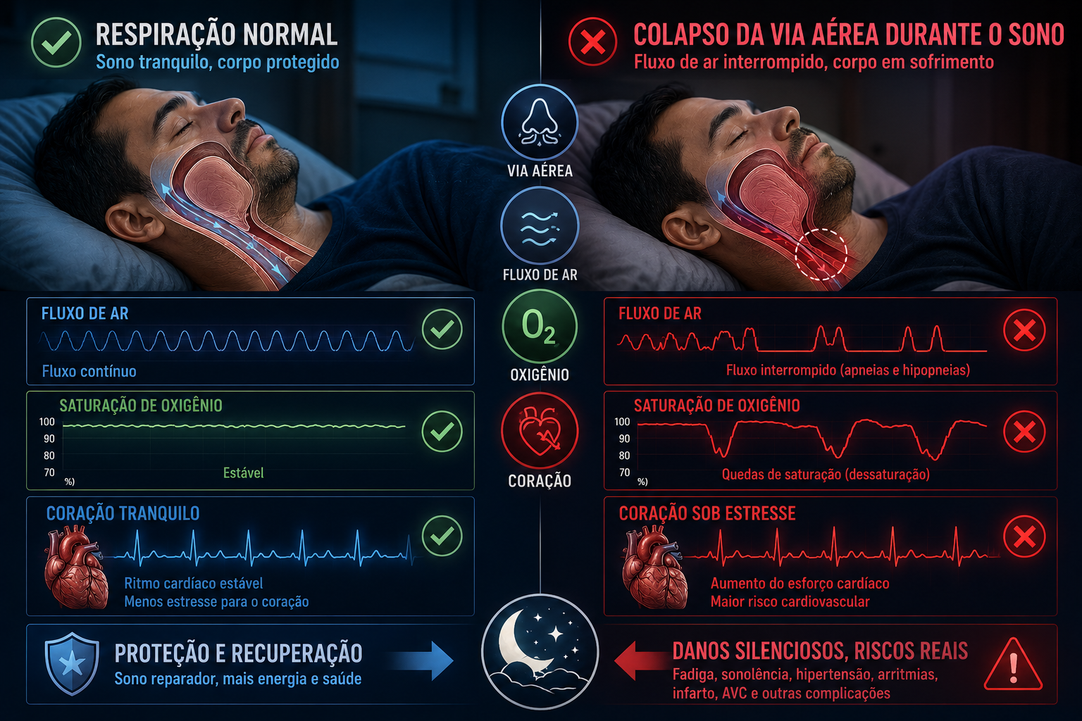 Comparação entre respiração normal e colapso da via aérea durante o sono