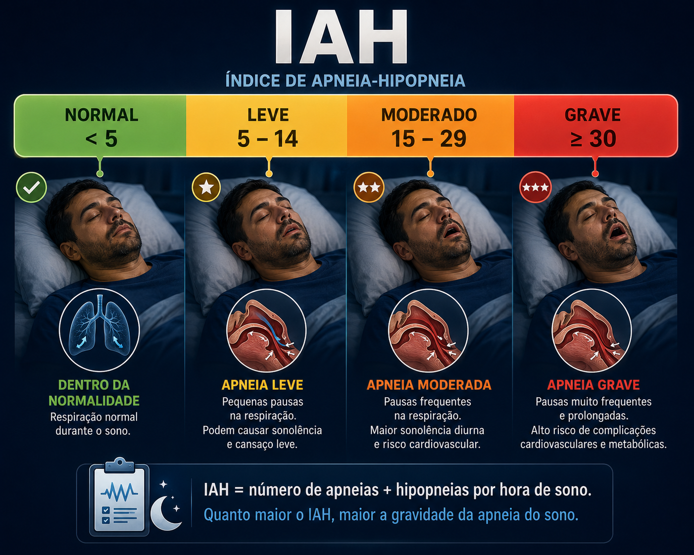 Escala do IAH: apneia normal, leve, moderada e grave