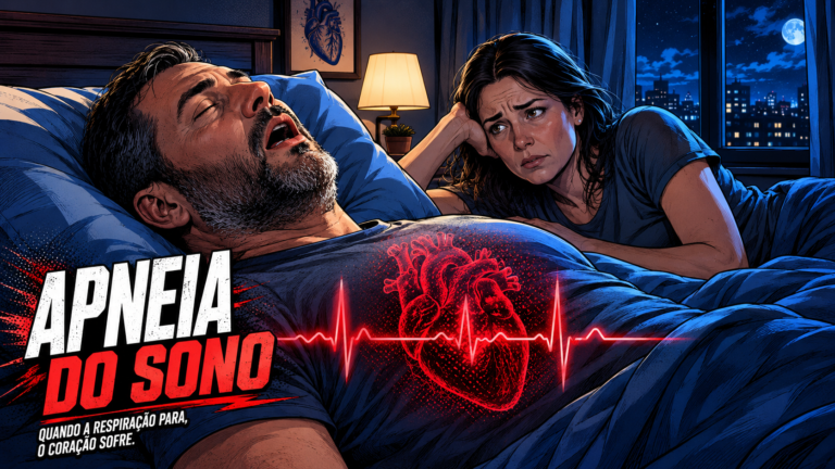 Homem dormindo de boca aberta com apneia do sono enquanto a parceira o observa preocupada, com um coração e traçado de ECG em vermelho sobre o peito