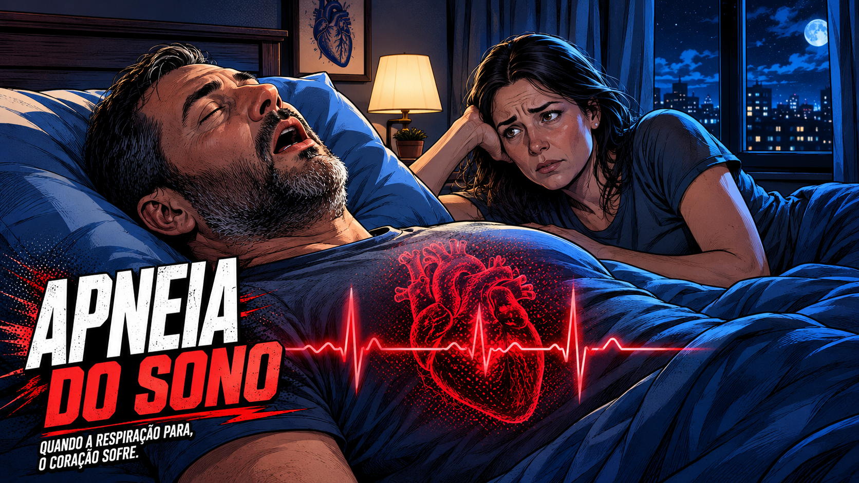 Homem dormindo de boca aberta com apneia do sono enquanto a parceira o observa preocupada, com um coração e traçado de ECG em vermelho sobre o peito