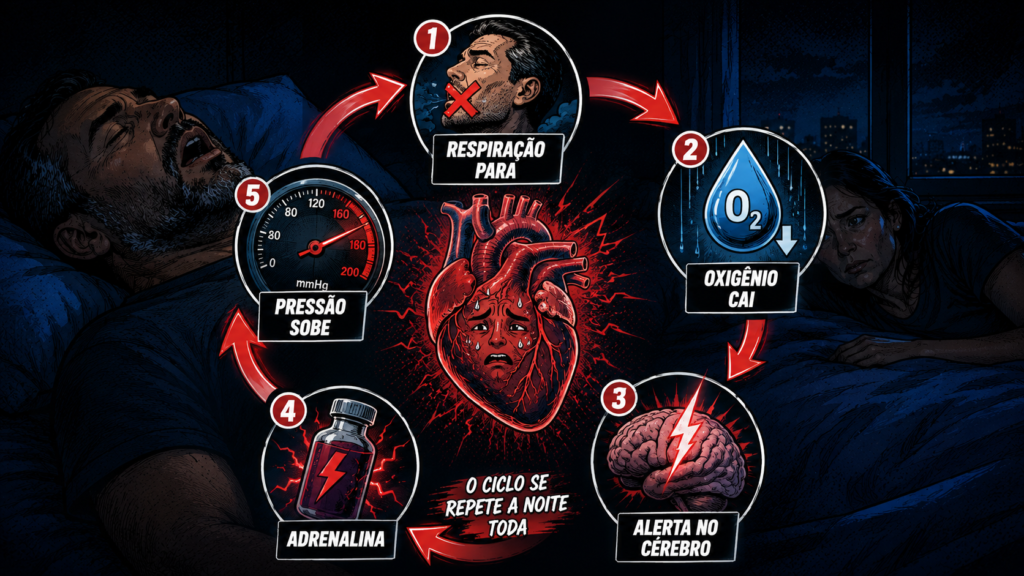 Infográfico do ciclo da apneia do sono: a respiração para, o oxigênio cai, o cérebro dá o alerta, a adrenalina sobe e a pressão arterial dispara, sobrecarregando o coração