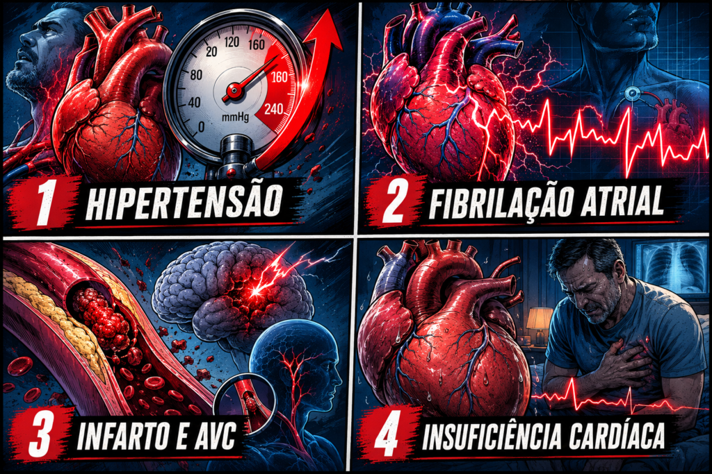 Os quatro danos da apneia do sono ao coração: hipertensão, fibrilação atrial, infarto e AVC e insuficiência cardíaca