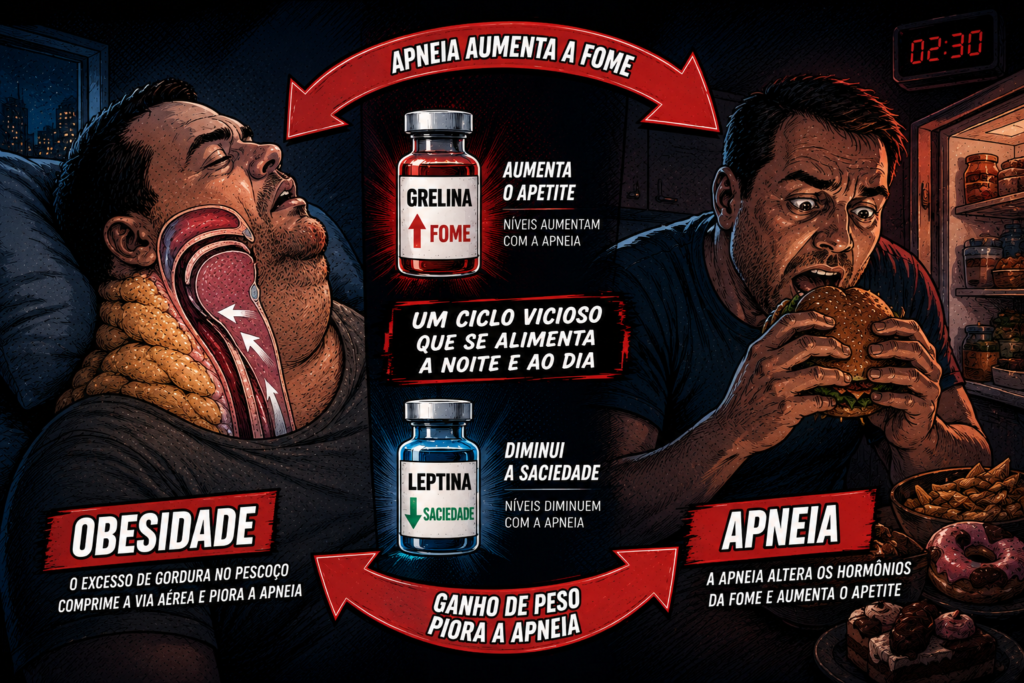 Ciclo vicioso entre apneia do sono e obesidade, com aumento da grelina e da fome