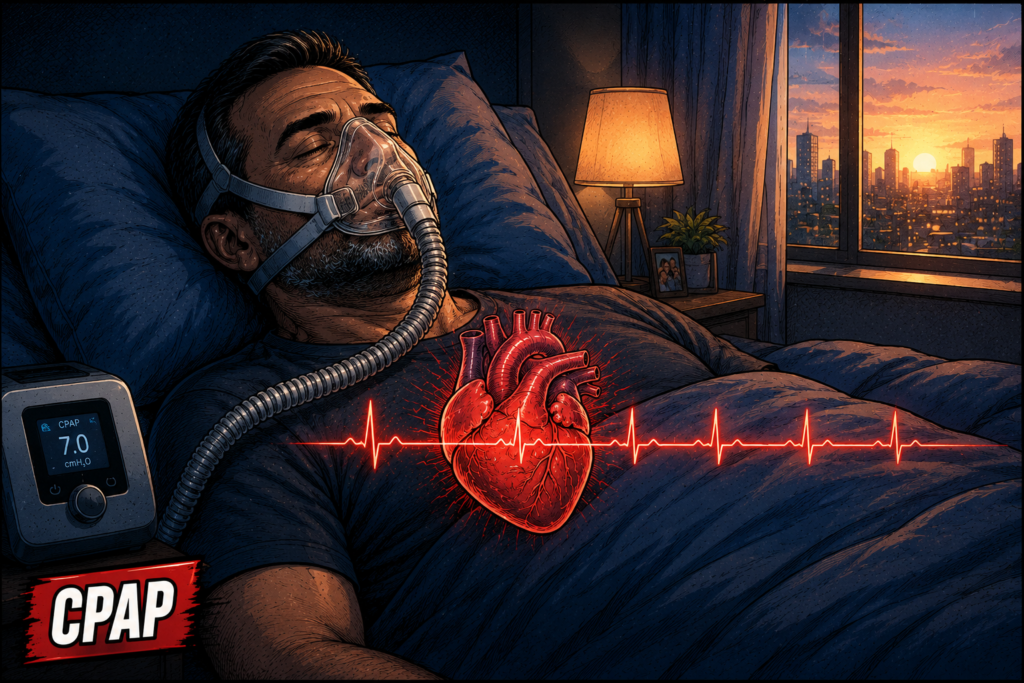 Paciente dormindo tranquilo usando máscara de CPAP para tratar a apneia do sono