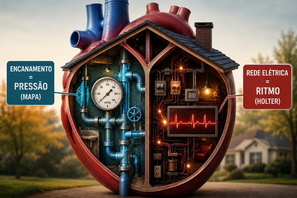 Analogia do coração como uma casa: o encanamento representa a pressão arterial (MAPA) e a rede elétrica representa o ritmo do coração (Holter)