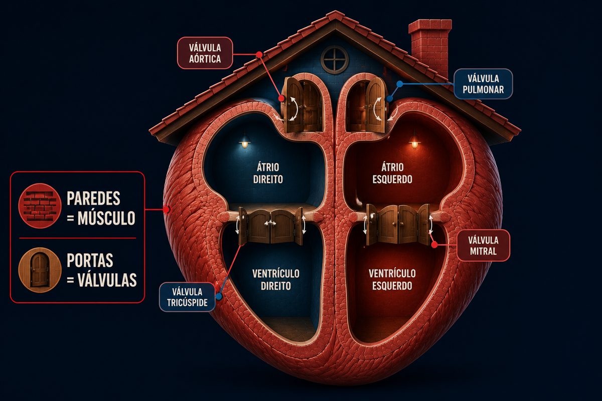 O coração como uma casa: as paredes representam o músculo e as portas representam as válvulas (aórtica, pulmonar, tricúspide e mitral)