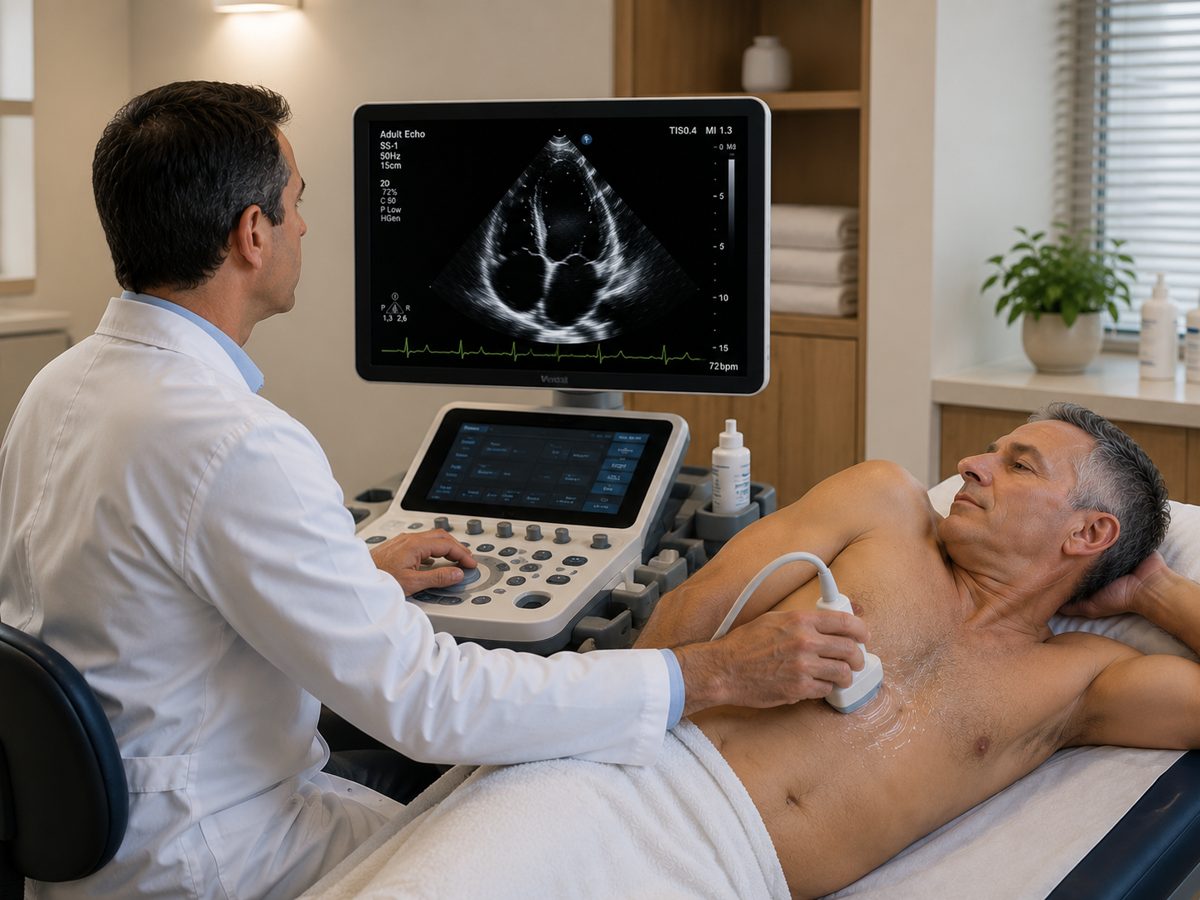 Ecocardiograma transtorácico sendo realizado: médico operando o aparelho de ultrassom enquanto o paciente está deitado, com o coração na tela