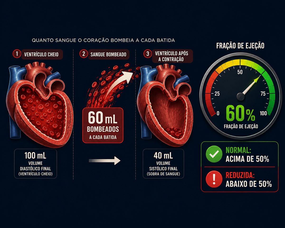 Fração de ejeção: quanto sangue o coração bombeia a cada batida, com medidor em 60% e referência de normal acima de 50%