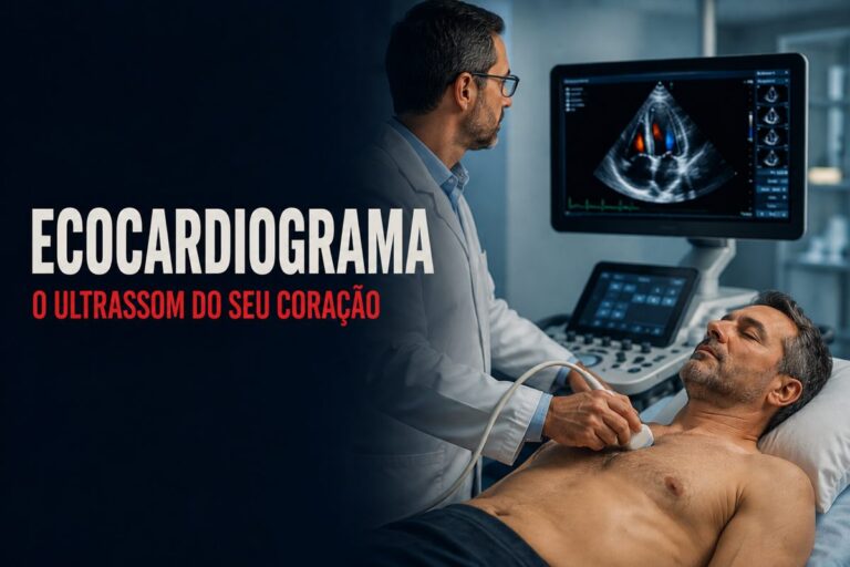 Ecocardiograma sendo realizado: médico passando o aparelho de ultrassom no peito do paciente, com a imagem do coração na tela