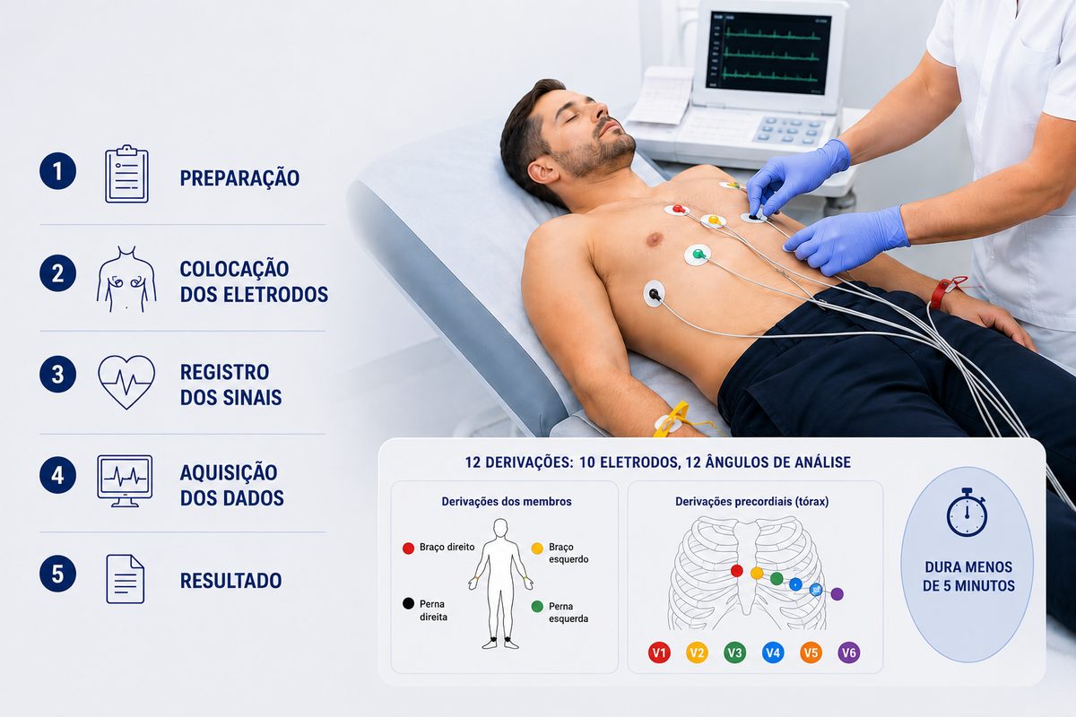 Como é feito o eletrocardiograma: 5 etapas e posicionamento dos 10 eletrodos nas 12 derivações