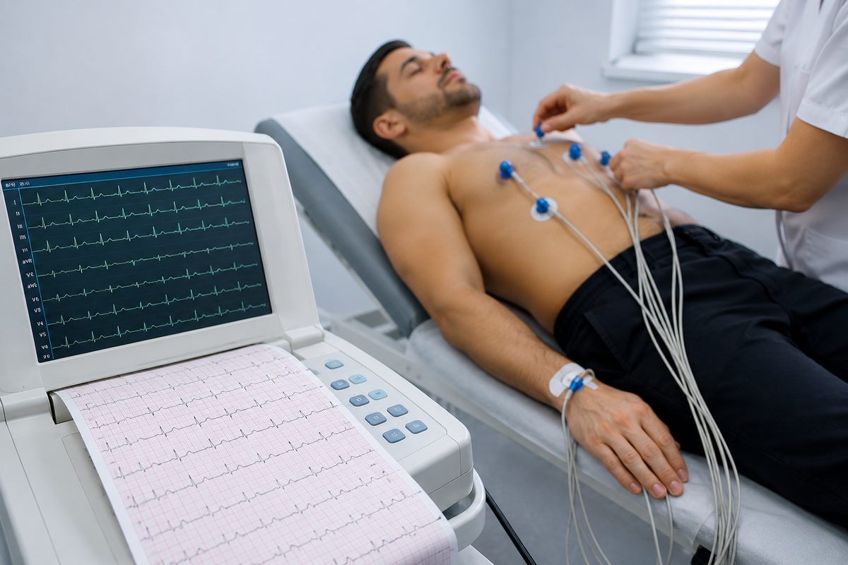 Paciente realizando eletrocardiograma com eletrodos posicionados no tórax