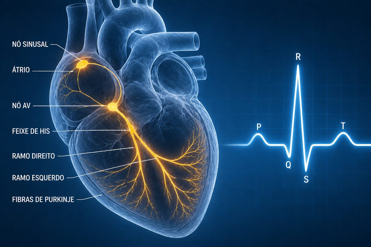 Sistema elétrico do coração: nó sinusal, nó AV, feixe de His e ondas P, QRS, T