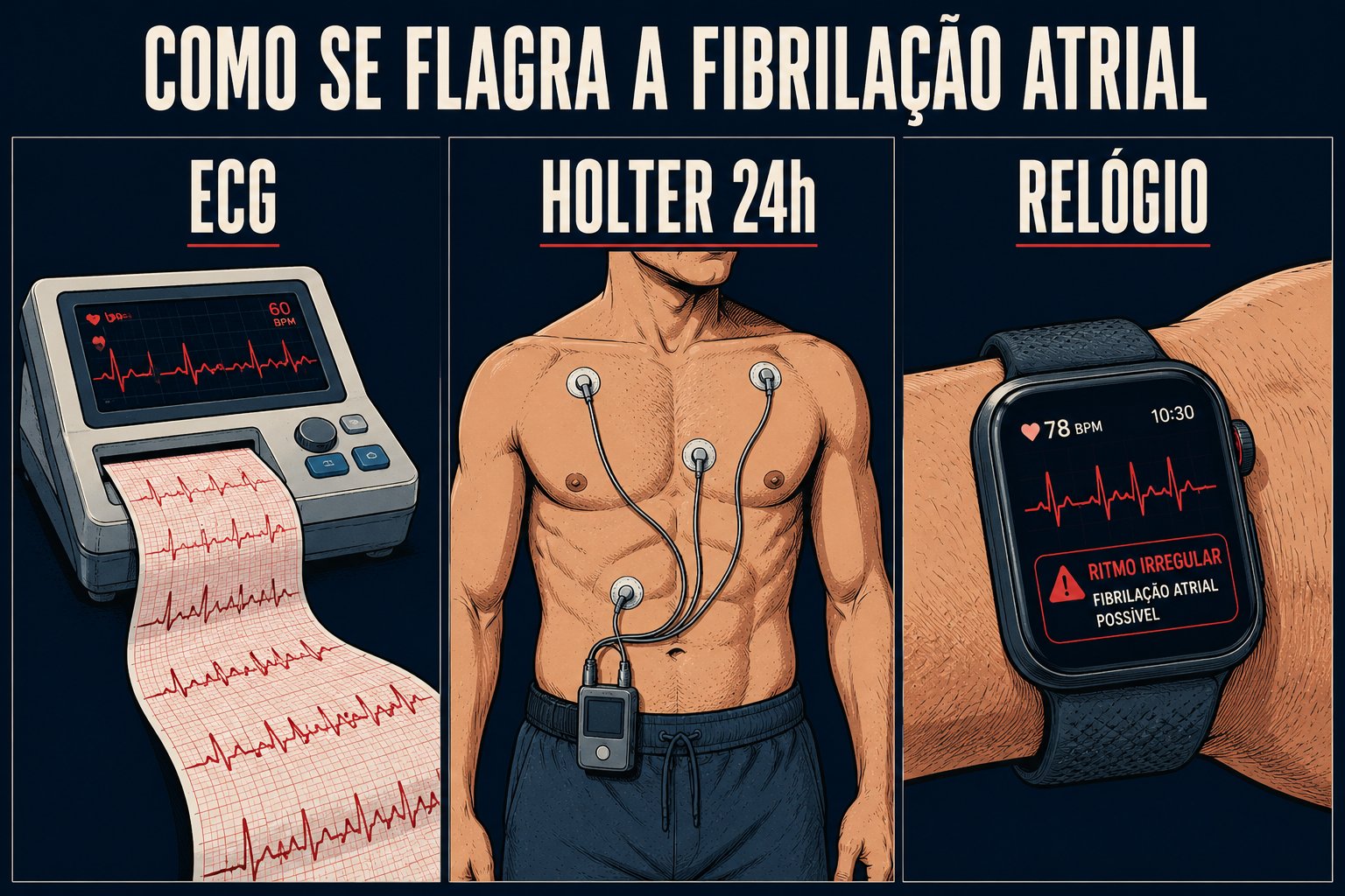 Como se descobre a fibrilação atrial: eletrocardiograma, Holter de 24 horas e relógio inteligente com ECG.