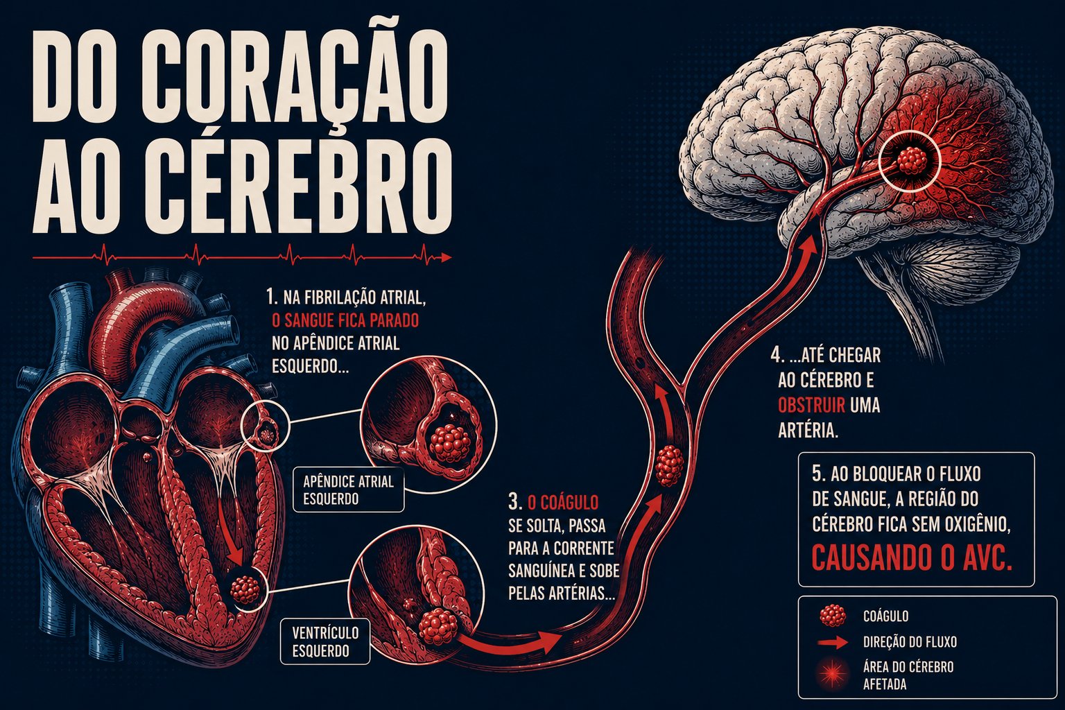 Infográfico do coração ao cérebro: coágulo no apêndice atrial esquerdo que se solta e obstrui uma artéria, causando AVC.