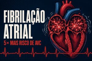 Ilustração de coração em fibrilação atrial com atividade elétrica caótica nos átrios e alerta de 5 vezes mais risco de AVC.