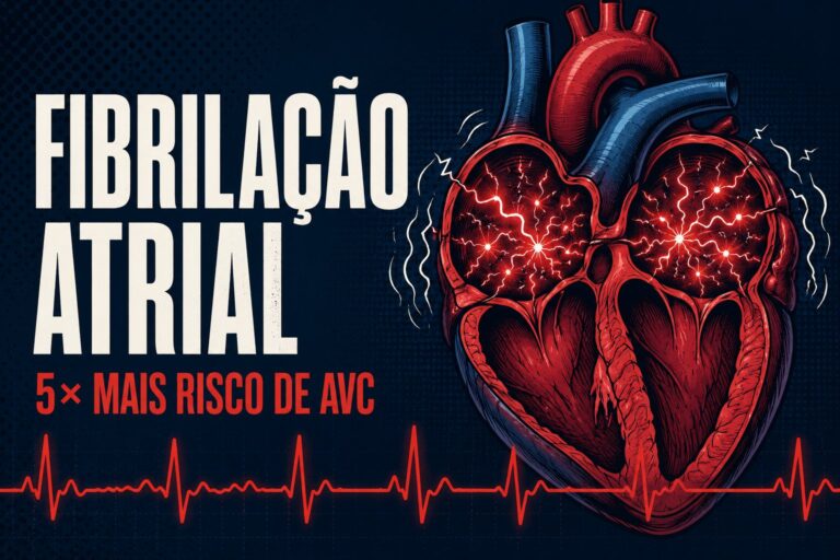 Ilustração de coração em fibrilação atrial com atividade elétrica caótica nos átrios e alerta de 5 vezes mais risco de AVC.