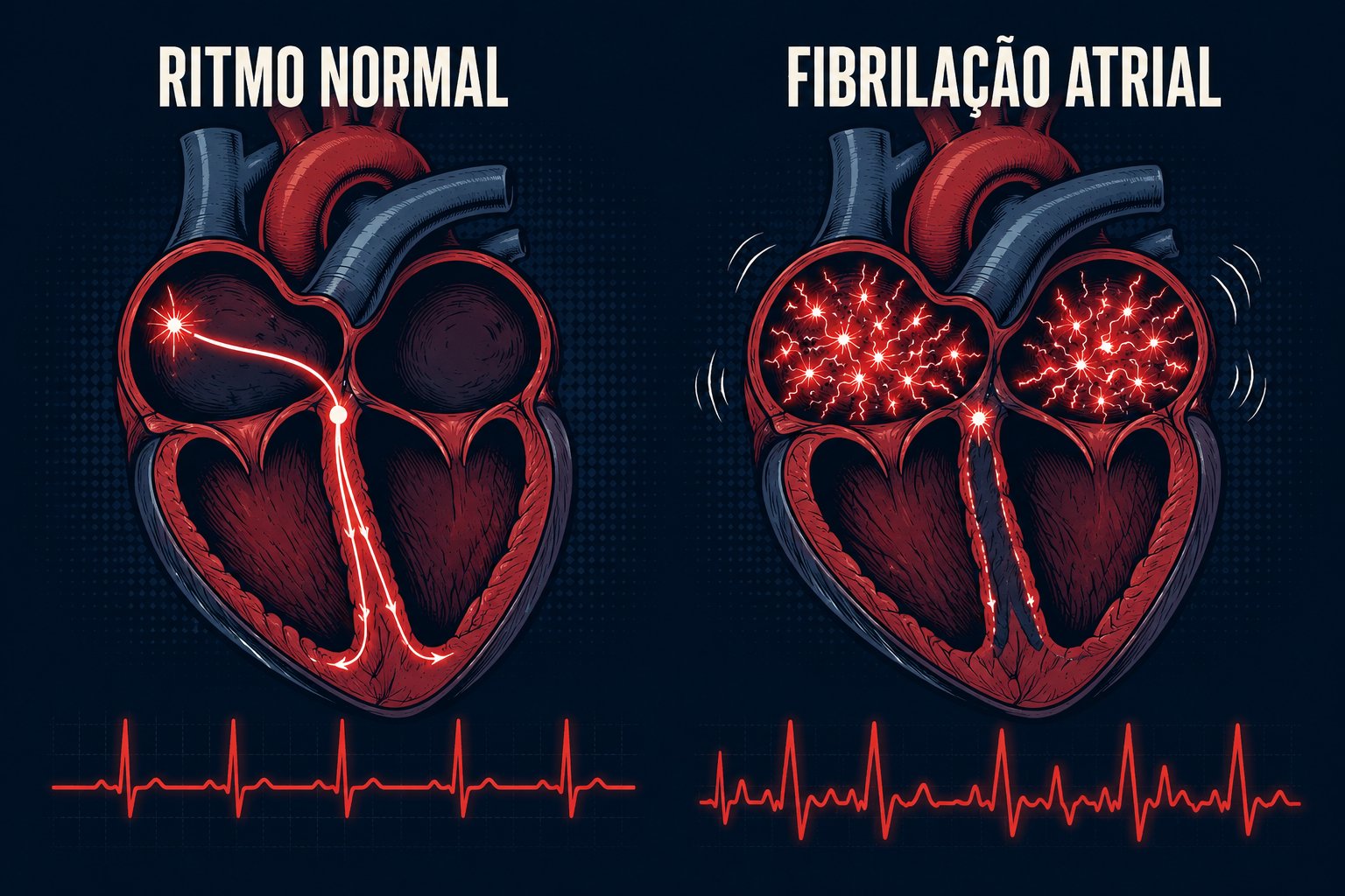 Comparação entre ritmo cardíaco normal e fibrilação atrial, mostrando a atividade elétrica dos átrios e o traçado do ECG.