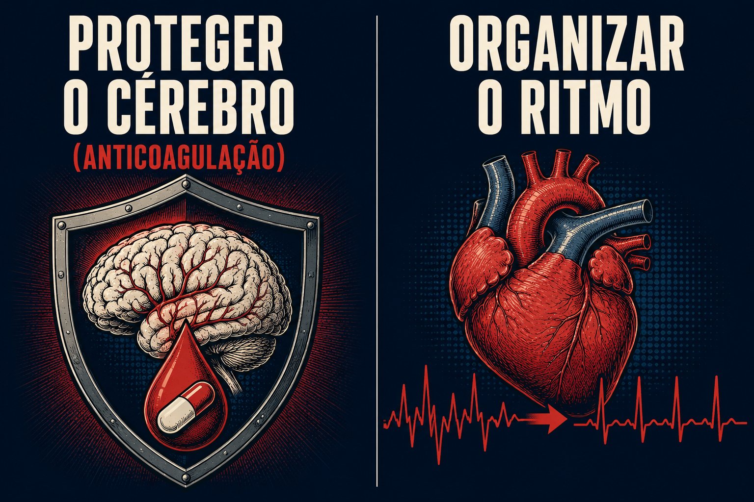 As duas frentes do tratamento da fibrilação atrial: proteger o cérebro com anticoagulação e organizar o ritmo do coração.