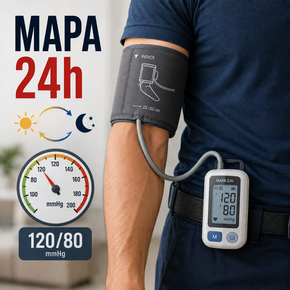 MAPA 24 horas: braço com braçadeira de pressão conectada a um monitor portátil na cintura, medindo a pressão de dia e de noite