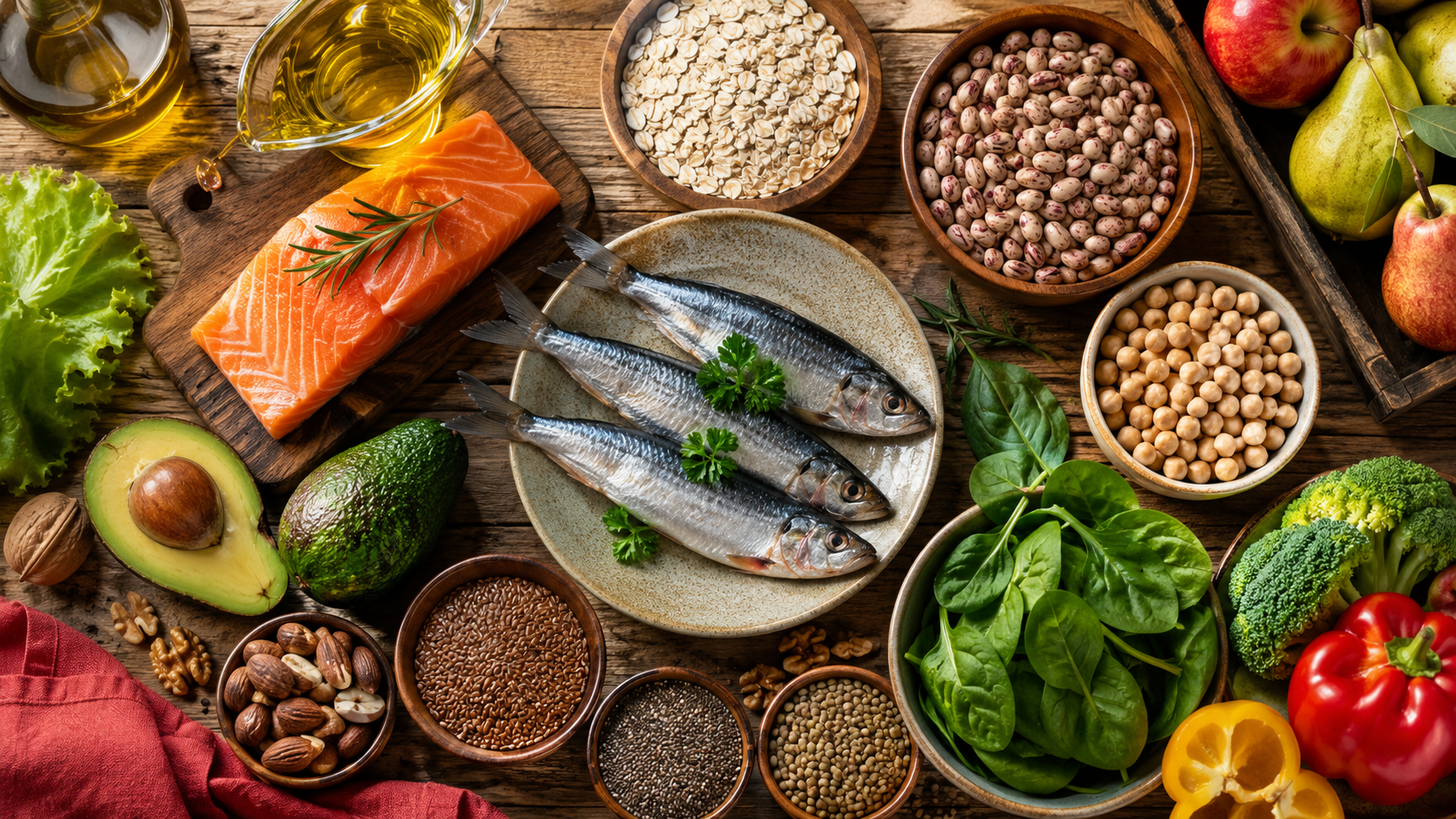 Alimentos que ajudam a controlar o colesterol: azeite, sardinha, salmão, aveia, leguminosas, abacate, sementes e vegetais