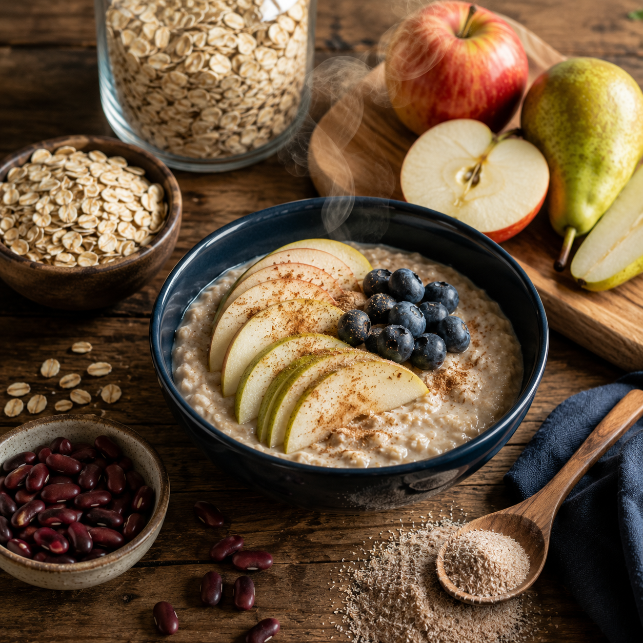 Tigela de aveia com frutas, psyllium e feijão — fontes de fibra solúvel que ajudam a reduzir o colesterol