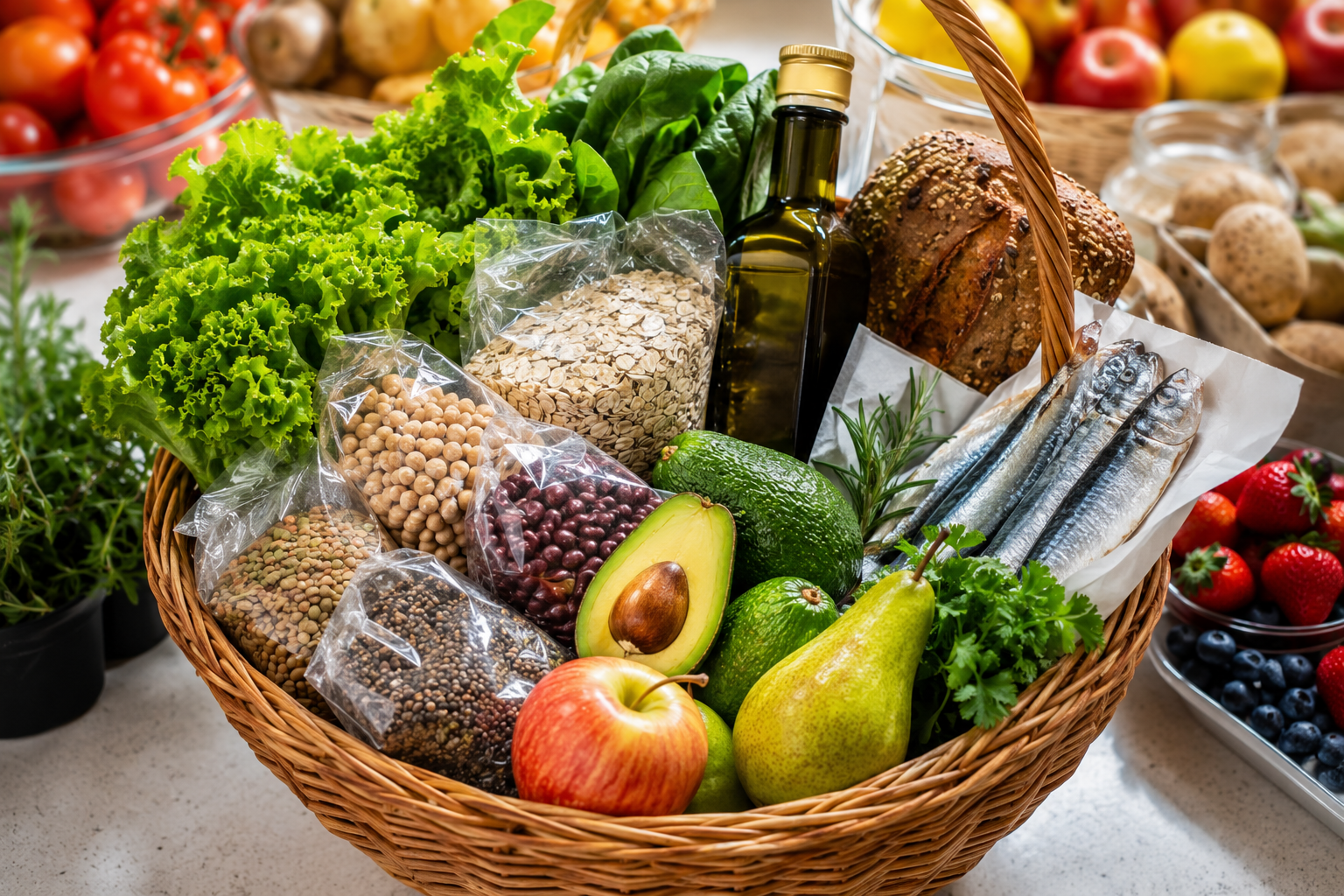 Cesta de compras saudável para o colesterol: aveia, leguminosas, azeite, abacate, sardinha, pão integral e frutas
