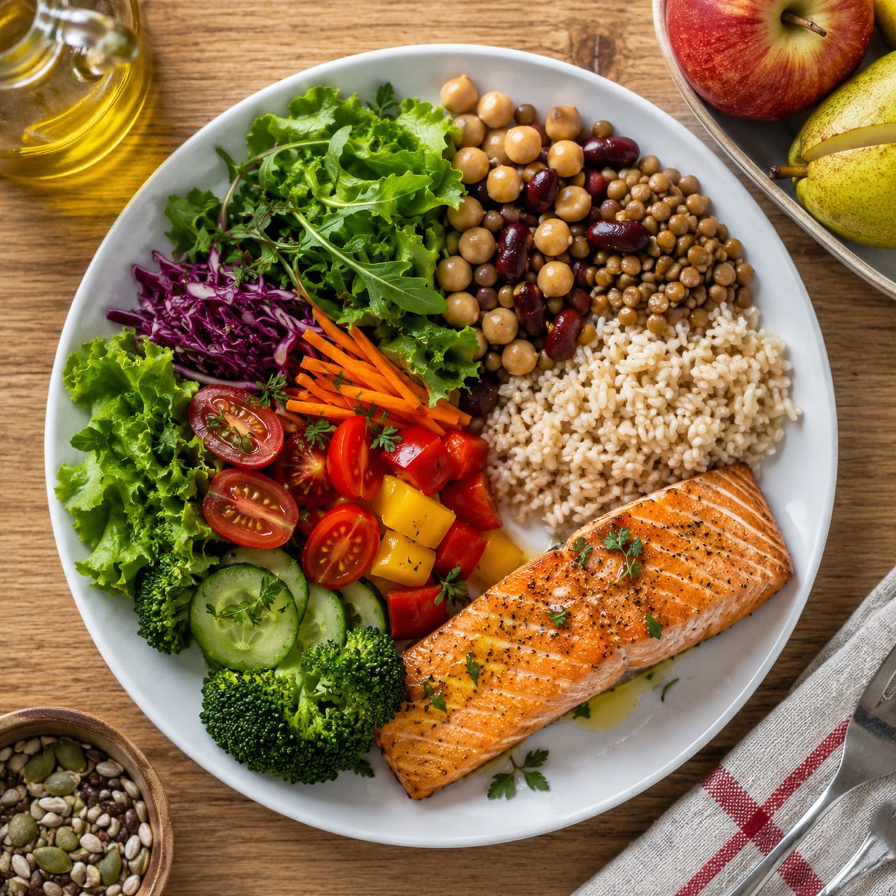 Prato equilibrado para o coração: vegetais, leguminosas, arroz integral e salmão grelhado