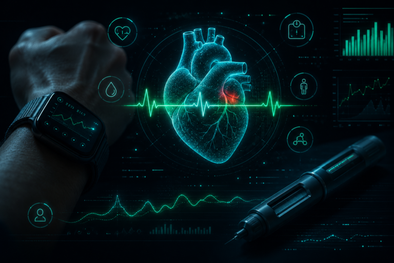 Ilustração dark tech de um coração digital com eletrocardiograma neon e ícones de monitoramento de saúde, representando GLP-1 e saúde cardiovascular
