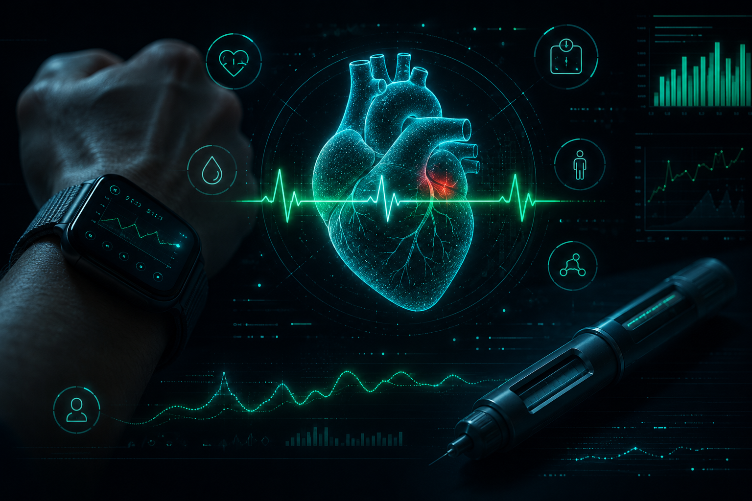 Ilustração dark tech de um coração digital com eletrocardiograma neon e ícones de monitoramento de saúde, representando GLP-1 e saúde cardiovascular