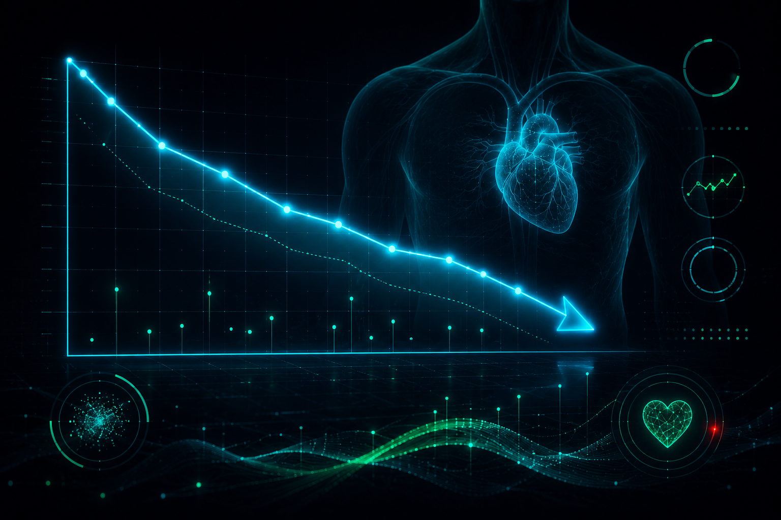 Gráfico estilizado mostrando queda no risco cardiovascular, representando os resultados do estudo SELECT com semaglutida