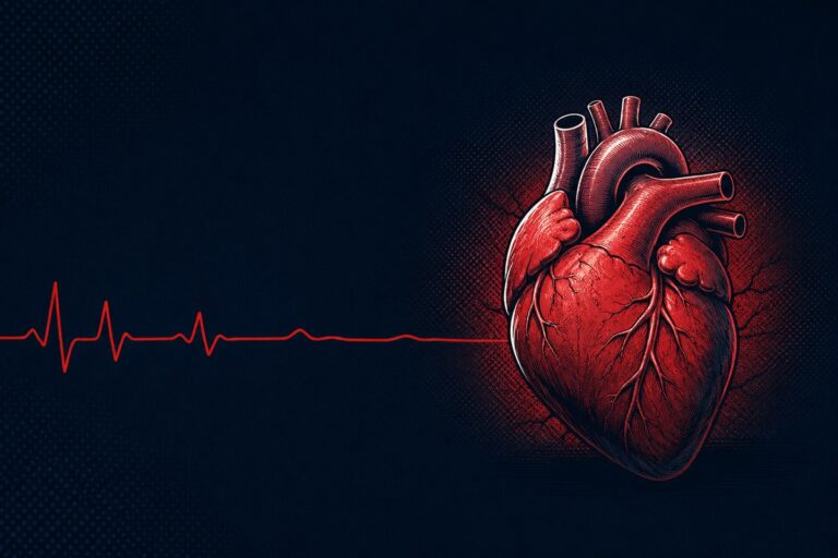 Ilustração em estilo de quadrinho de um coração estilizado trabalhando com esforço, com uma linha de eletrocardiograma vermelha que enfraquece ao atravessar a imagem