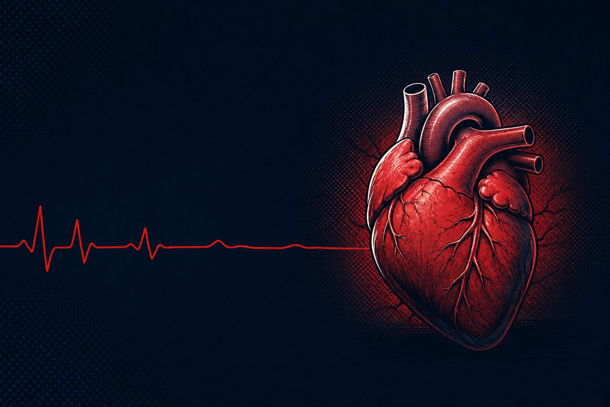 Ilustração em estilo de quadrinho de um coração estilizado trabalhando com esforço, com uma linha de eletrocardiograma vermelha que enfraquece ao atravessar a imagem