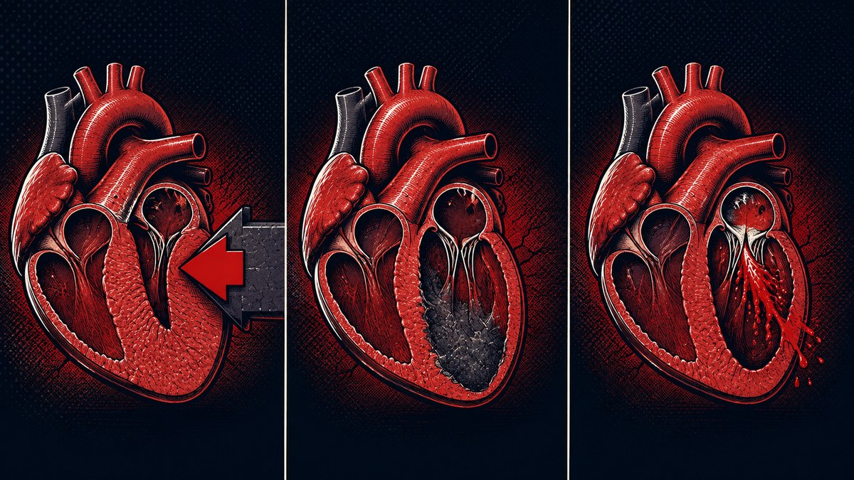 Ilustração em três painéis mostrando os mecanismos da insuficiência cardíaca: sobrecarga de pressão com parede espessa, cicatriz de infarto no músculo e válvula com refluxo