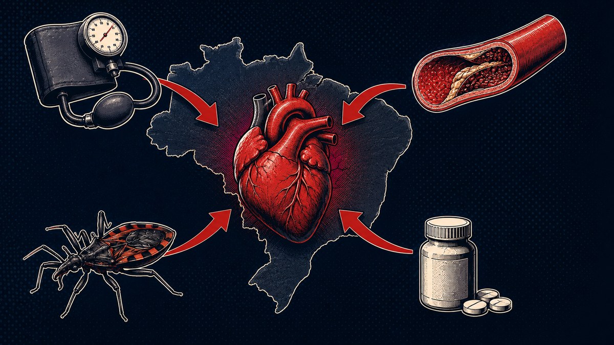 Ilustração do mapa do Brasil com um coração ao centro recebendo setas das principais causas de insuficiência cardíaca no país, incluindo hipertensão, doença coronariana e doença de Chagas
