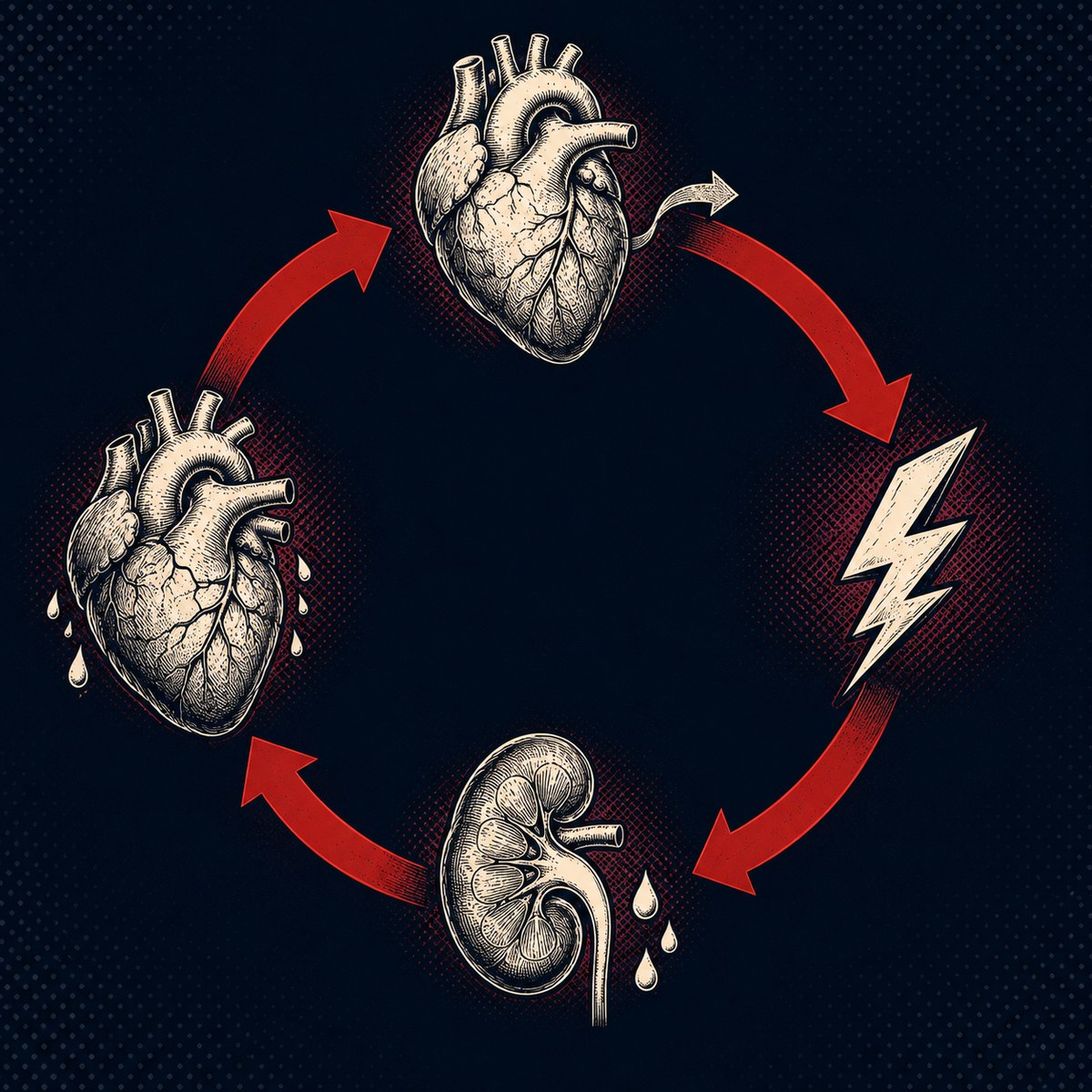 Ilustração de um ciclo circular mostrando como o coração enfraquecido dispara adrenalina e retenção de sal e água pelos rins, que por sua vez sobrecarregam ainda mais o coração