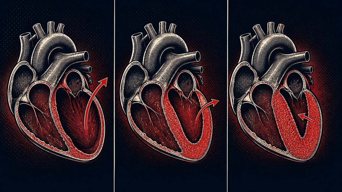 Ilustração em três painéis comparando a insuficiência cardíaca com fração de ejeção reduzida, levemente reduzida e preservada, mostrando as diferenças na parede e na câmara do ventrículo esquerdo