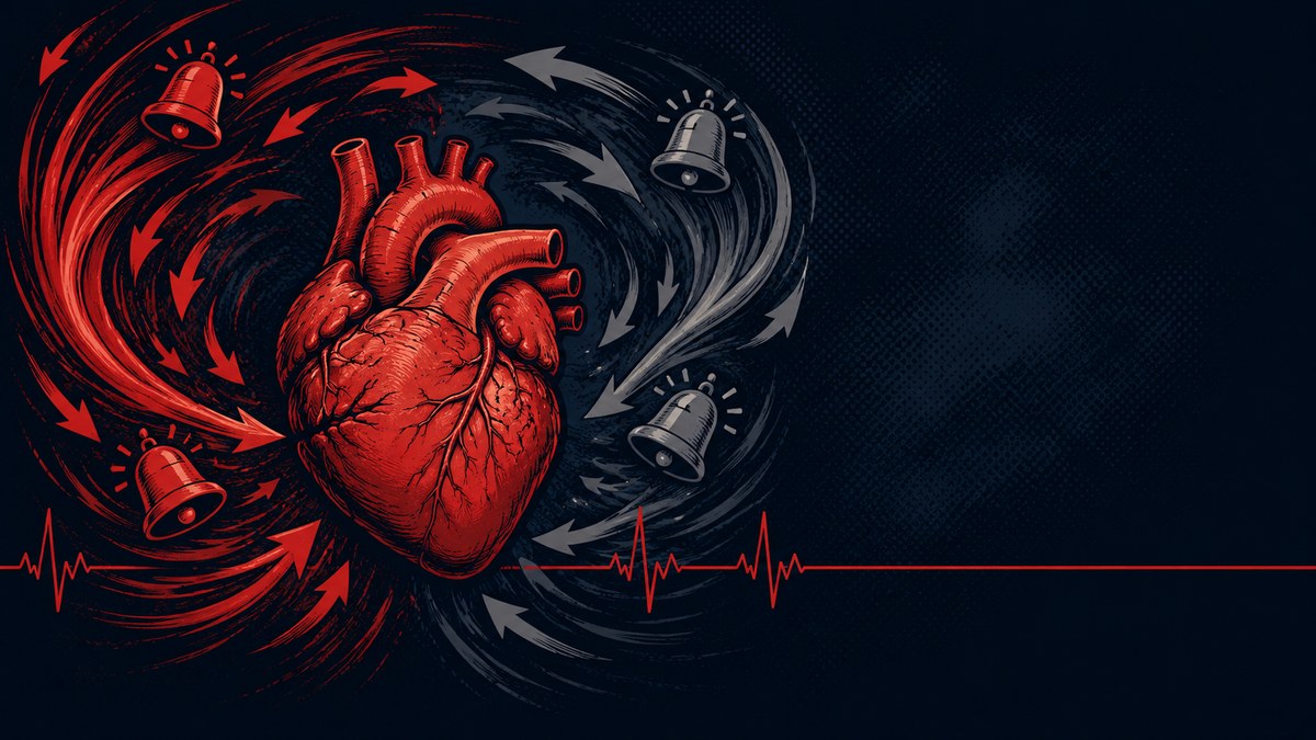 Ilustração de um coração cansado cercado por sinais de alerta, representando a resposta de emergência do corpo que desgasta o músculo cardíaco