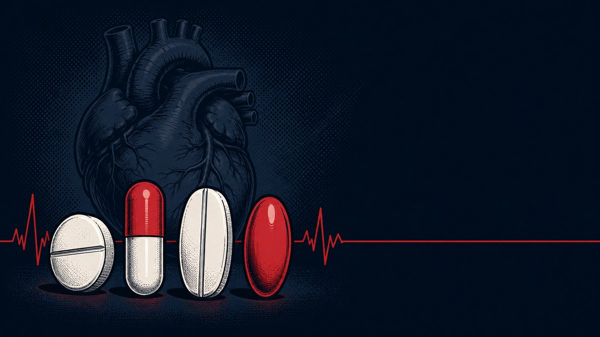 Quatro comprimidos estilizados alinhados em frente a um coração, representando as quatro classes de medicamentos da insuficiência cardíaca